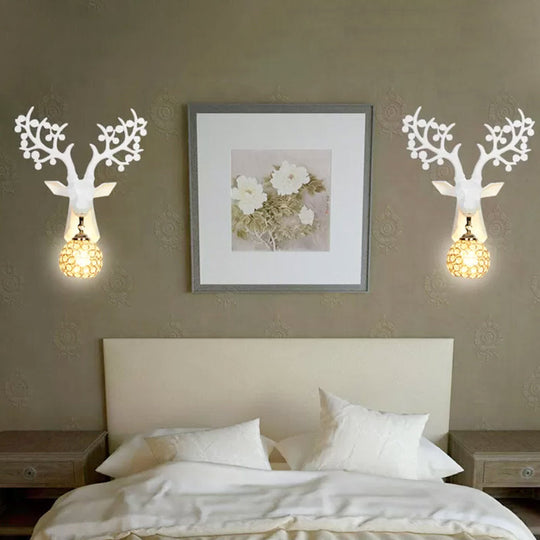 Country Crystal Orb Wall Lamp: Elegant Bedroom Sconce With Elk Resin Backplate - 1 Light White/Gold