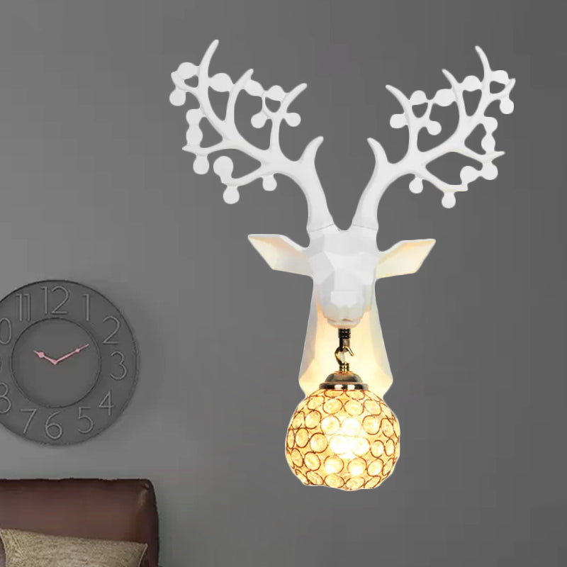 Country Crystal Orb Wall Lamp: Elegant Bedroom Sconce With Elk Resin Backplate - 1 Light White/Gold