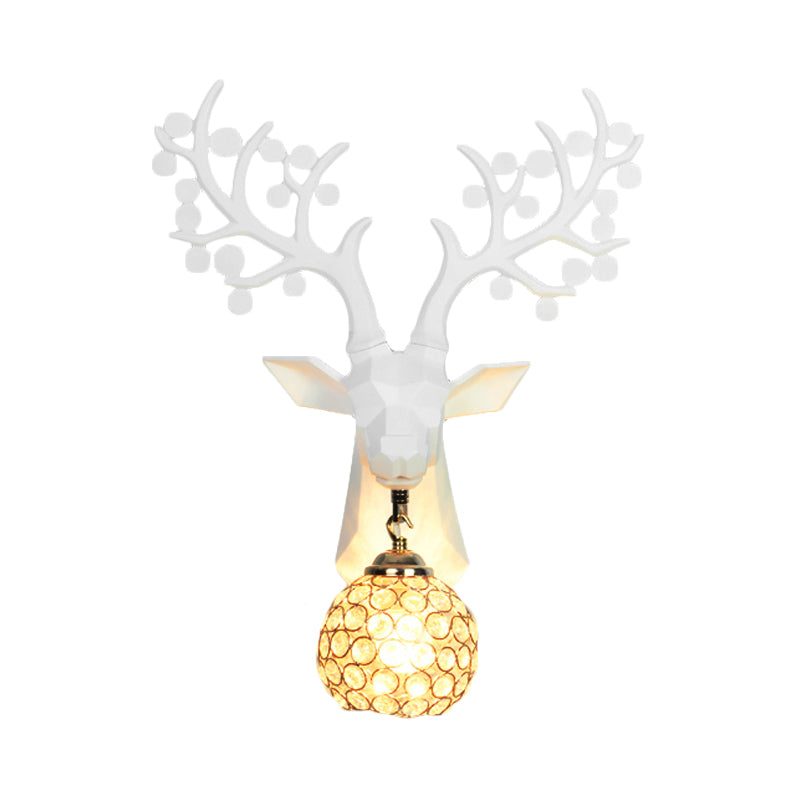 Country Crystal Orb Wall Lamp: Elegant Bedroom Sconce With Elk Resin Backplate - 1 Light White/Gold