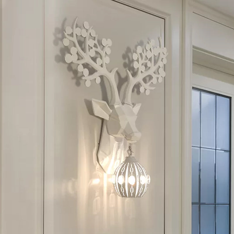 Rustic White Resin Deer Wall Sconce Light With Globe Metal Shade