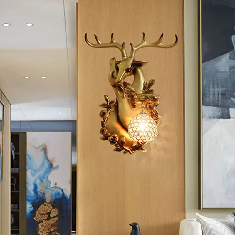 Vintage Deer Head Wall Sconce With Crystal Shade And Gold Accent Light