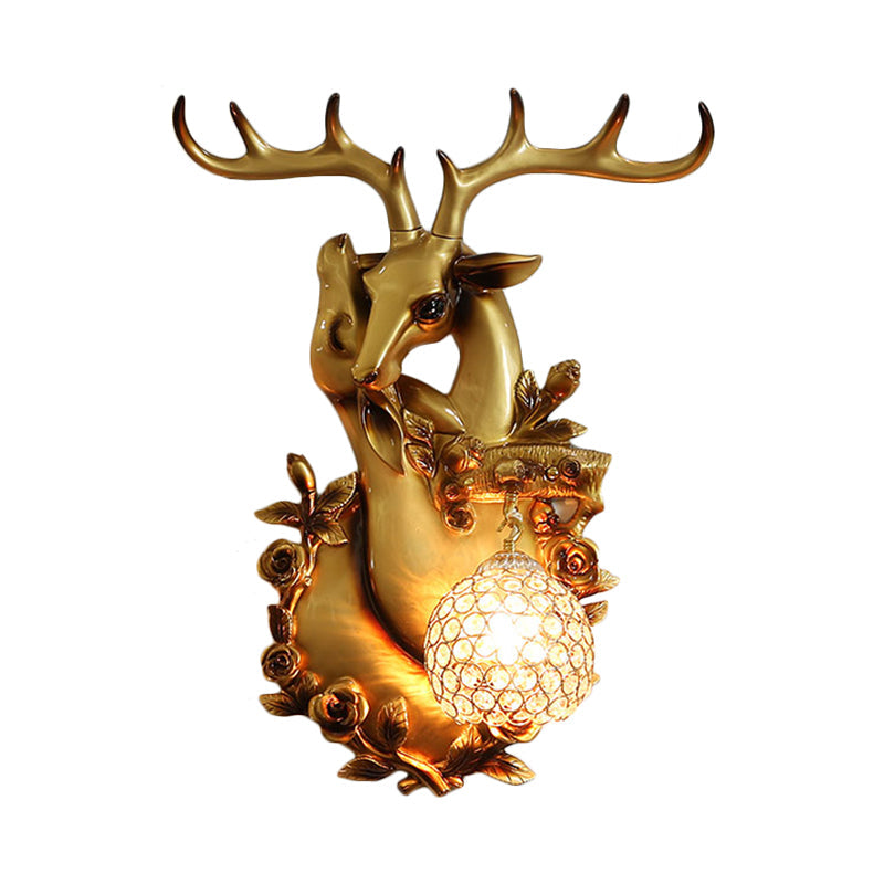 Vintage Deer Head Wall Sconce With Crystal Shade And Gold Accent Light