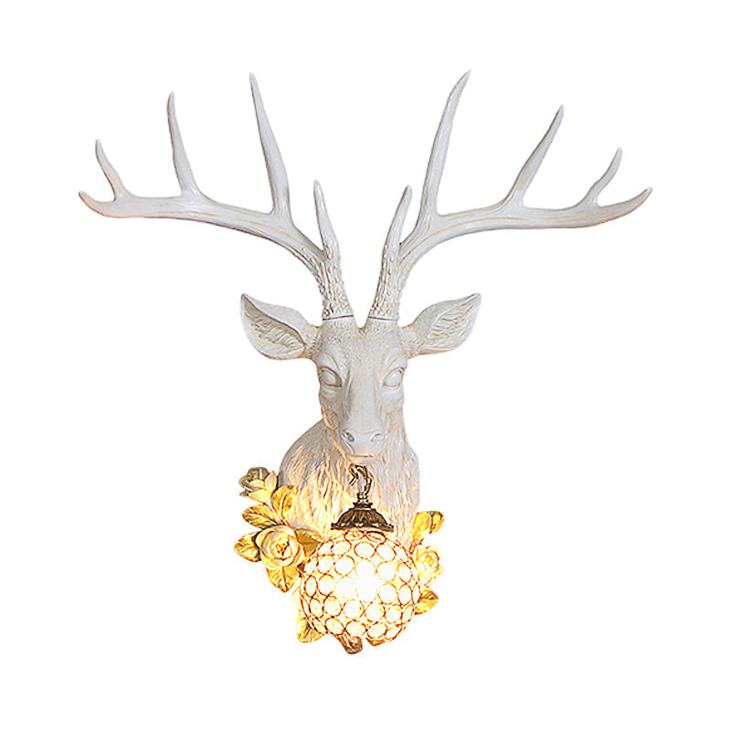 Traditional Crystal Globe Sconce Light - Wall Mounted Lamp In White/Gold With Deer Resin Deco