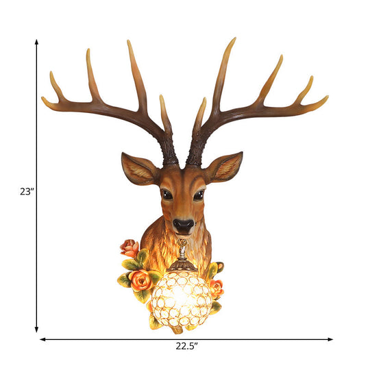 Traditional Crystal Globe Sconce Light - Wall Mounted Lamp In White/Gold With Deer Resin Deco