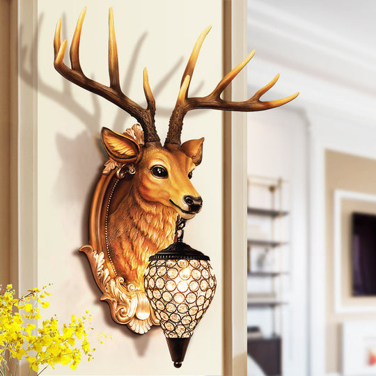 Rustic Resin Deer Wall Light With Crystal Shade - White/Beige/Yellow 1-Light Living Room Sconce Lamp