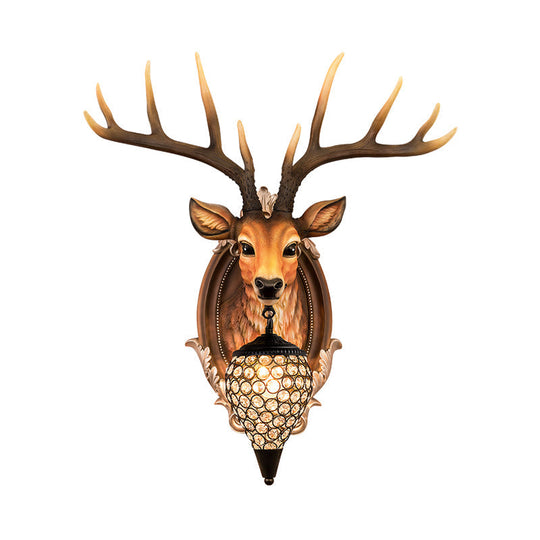 Rustic Resin Deer Wall Light With Crystal Shade - White/Beige/Yellow 1-Light Living Room Sconce Lamp