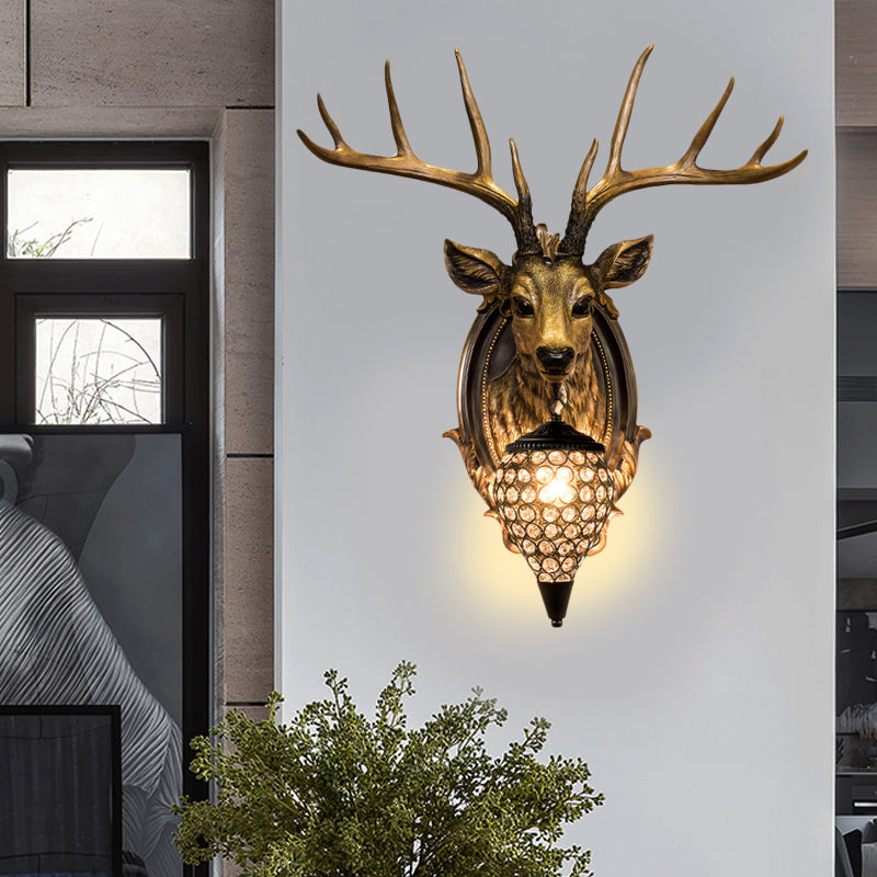 Rustic Resin Deer Wall Light With Crystal Shade - White/Beige/Yellow 1-Light Living Room Sconce Lamp