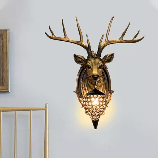 Rustic Resin Deer Wall Light With Crystal Shade - White/Beige/Yellow 1-Light Living Room Sconce Lamp