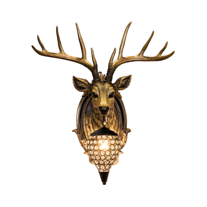 Rustic Resin Deer Wall Light With Crystal Shade - White/Beige/Yellow 1-Light Living Room Sconce Lamp