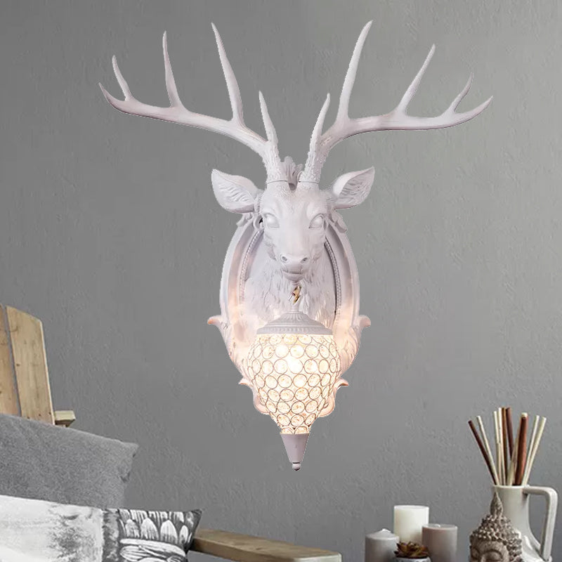 Rustic Resin Deer Wall Light With Crystal Shade - White/Beige/Yellow 1-Light Living Room Sconce Lamp