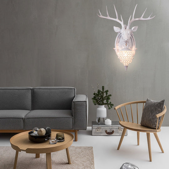 Rustic Resin Deer Wall Light With Crystal Shade - White/Beige/Yellow 1-Light Living Room Sconce Lamp