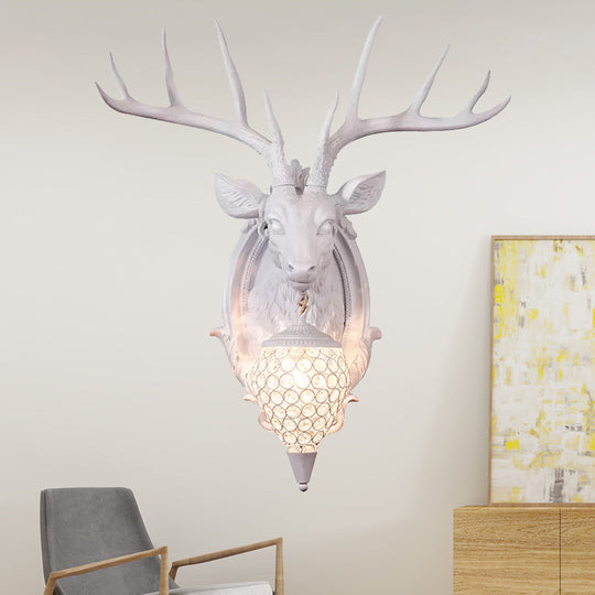 Rustic Resin Deer Wall Light With Crystal Shade - White/Beige/Yellow 1-Light Living Room Sconce Lamp