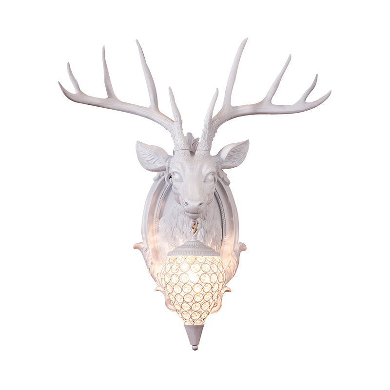 Rustic Resin Deer Wall Light With Crystal Shade - White/Beige/Yellow 1-Light Living Room Sconce Lamp