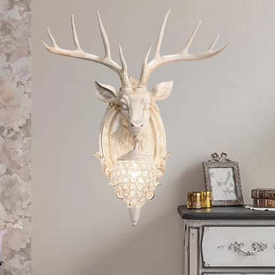 Rustic Resin Deer Wall Light With Crystal Shade - White/Beige/Yellow 1-Light Living Room Sconce Lamp