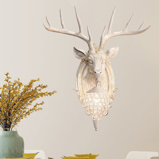 Rustic Resin Deer Wall Light With Crystal Shade - White/Beige/Yellow 1-Light Living Room Sconce Lamp