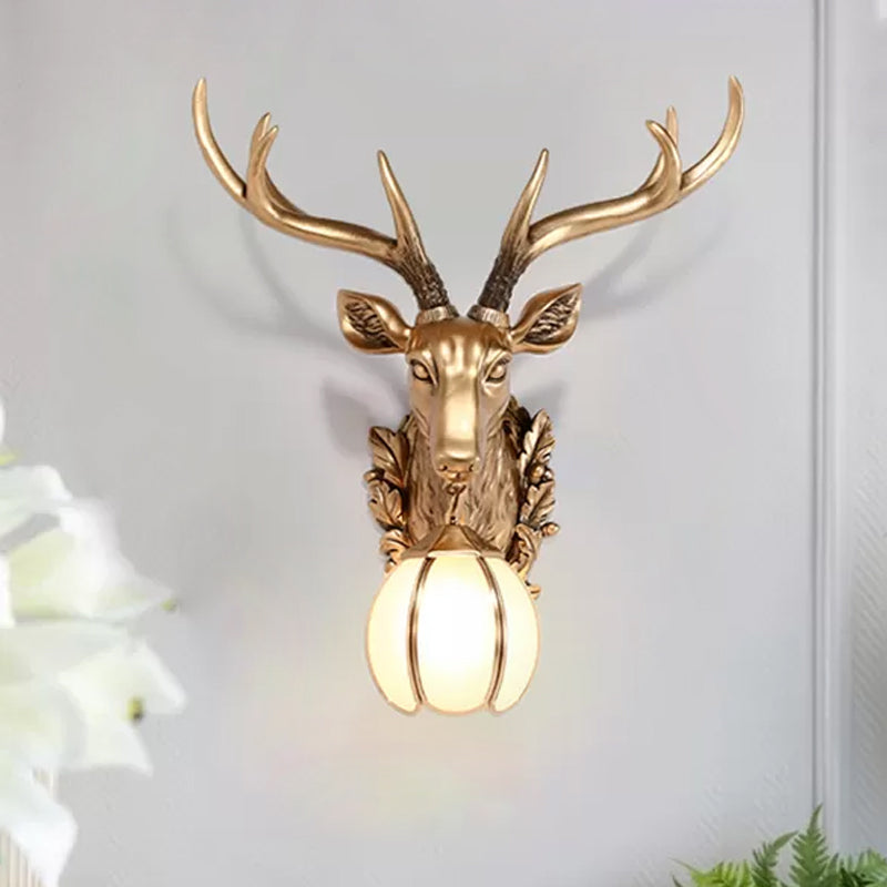 Gold Deer Head Sconce Light - Country Resin 17/25 Indoor Wall Mount / 17