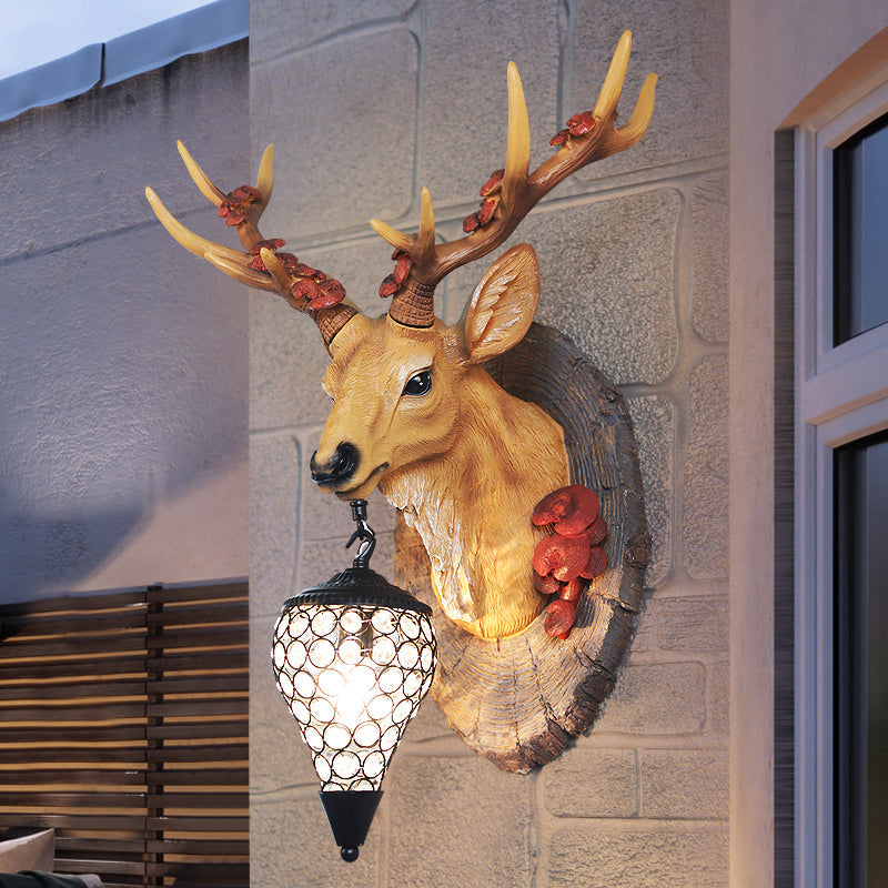 Rustic Teardrop Sconce Lamp With Crystal Wall Mounted Light Grey/Brown Resin Deer Décor