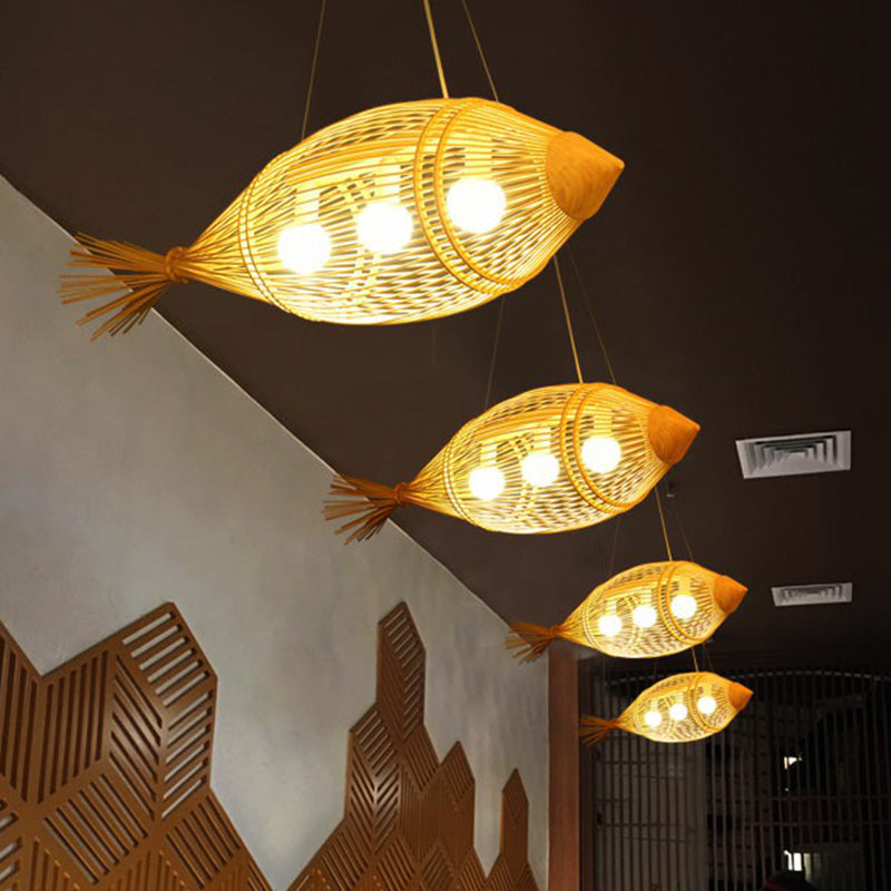 Asia-Inspired Bamboo Chandelier Pendant Light For Fish Restaurants & Homes - Wood Finish 3-Bulb