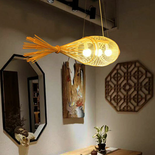 Asia-Inspired Bamboo Chandelier Pendant Light For Fish Restaurants & Homes - Wood Finish 3-Bulb