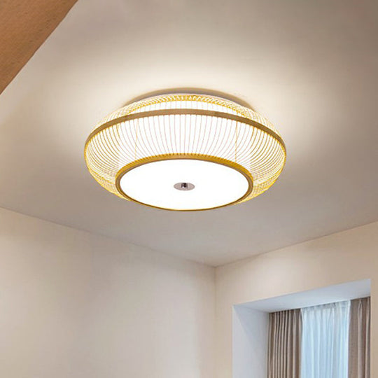 Minimalistic Round Bamboo Flushmount Ceiling Light - Single-Head Aisle Fixture with Natural Wood Finish