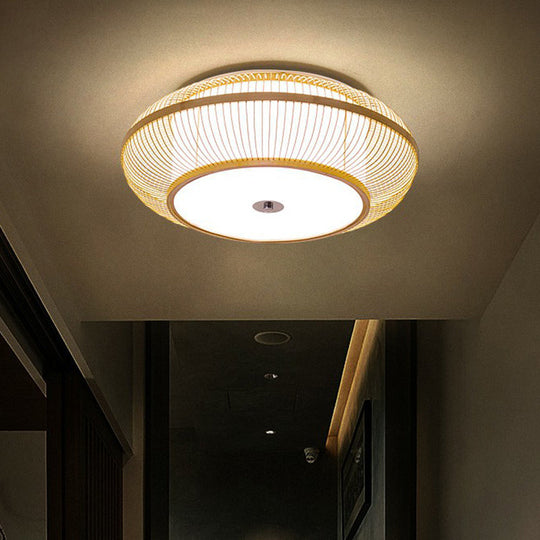 Minimalistic Round Bamboo Flushmount Ceiling Light - Single-Head Aisle Fixture With Natural Wood