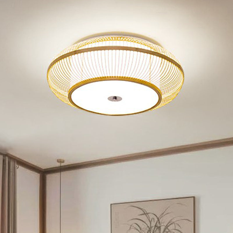 Minimalistic Round Bamboo Flushmount Ceiling Light - Single-Head Aisle Fixture with Natural Wood Finish