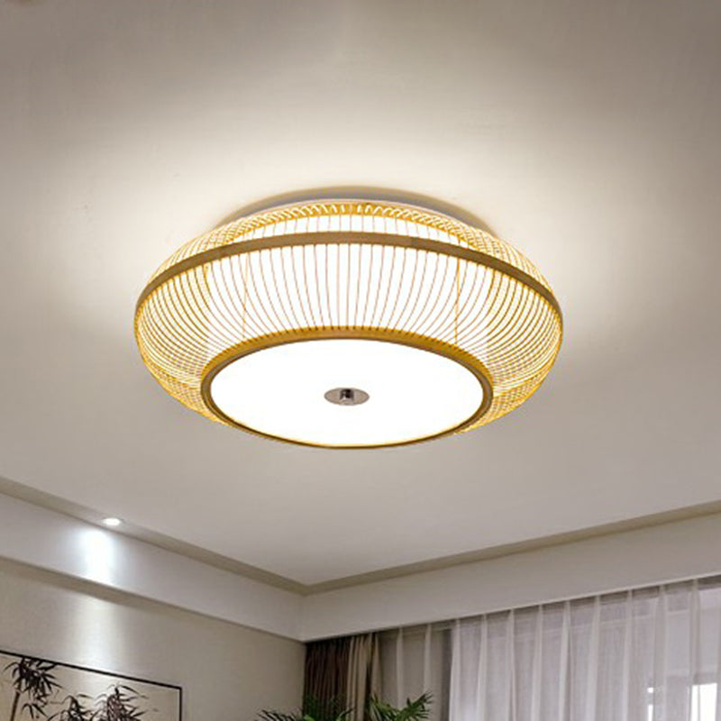 Minimalistic Round Bamboo Flushmount Ceiling Light - Single-Head Aisle Fixture with Natural Wood Finish