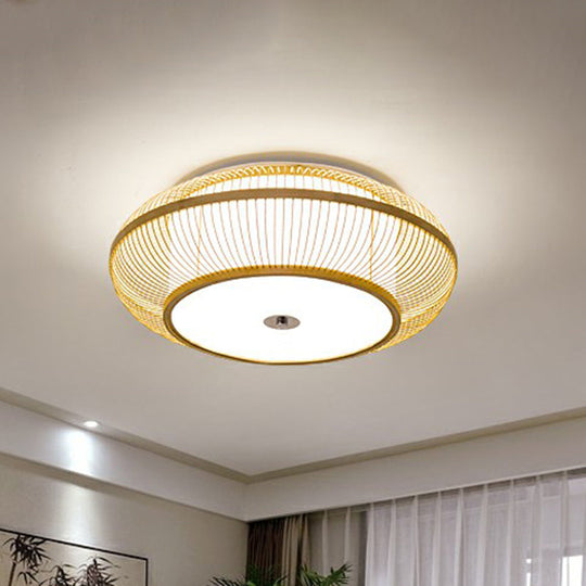 Minimalistic Round Bamboo Flushmount Ceiling Light - Single-Head Aisle Fixture With Natural Wood