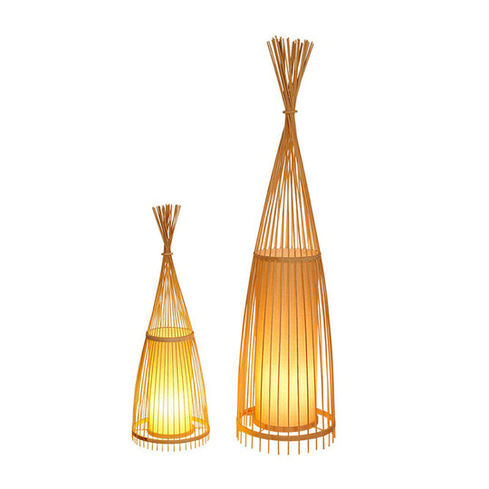 Bamboo Floor Lamp From South-East Asia With Tapered Design And Cylindrical Shade