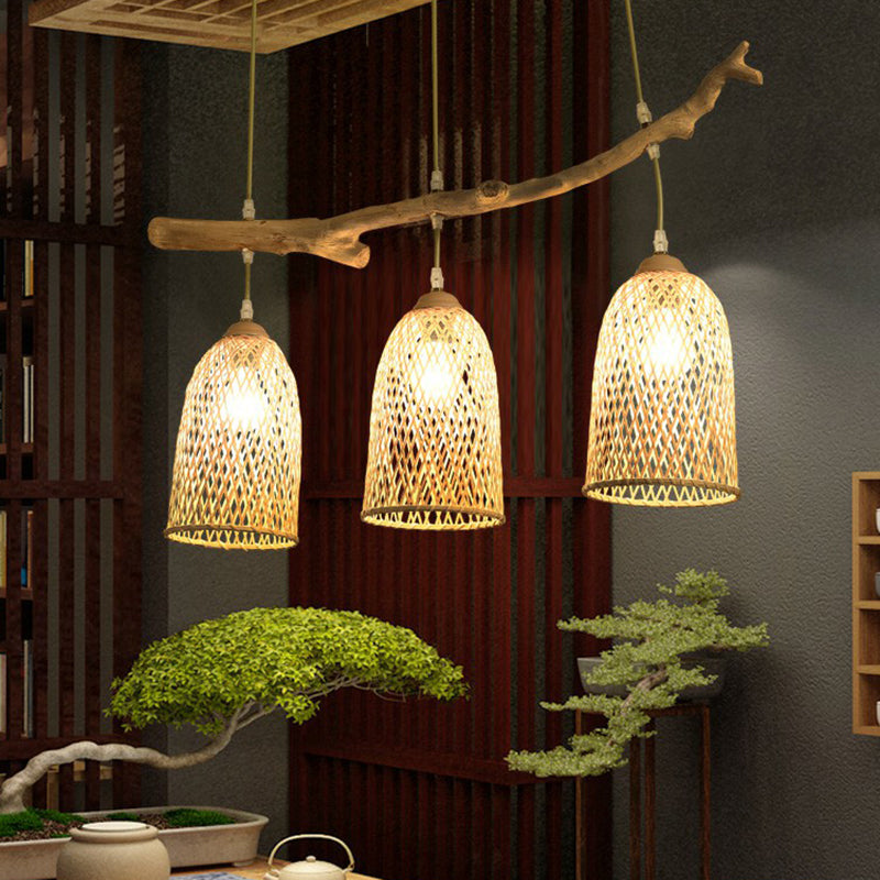 Lodge Style Wood Pendant Light With Bamboo Shade - 3-Bulb Island Lamp For Restaurants