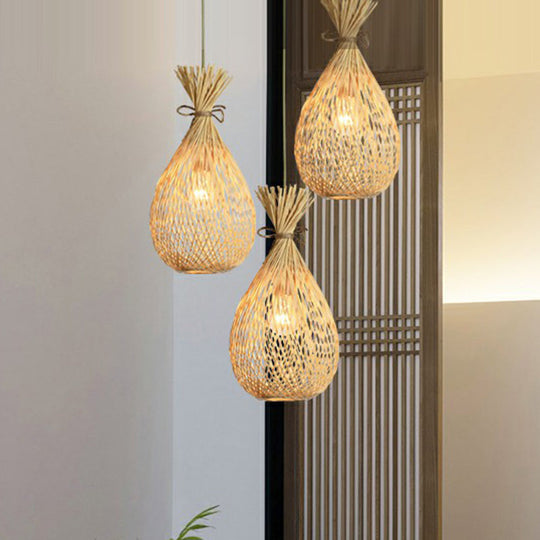 Cottage Bamboo Cluster Pendant Light Fixture - Wood Teardrop Shape 3 Heads