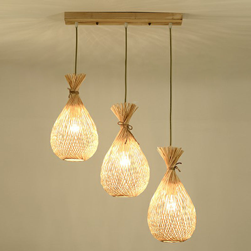 Cottage Bamboo Cluster Pendant Light Fixture - Wood Teardrop Shape 3 Heads