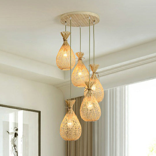 Cottage Bamboo Cluster Pendant Light Fixture - Wood Teardrop Shape 3 Heads