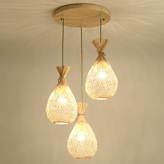 Cottage Bamboo Cluster Pendant Light Fixture - Wood Teardrop Shape 3 Heads