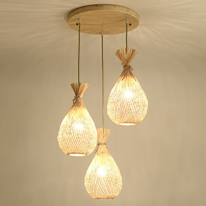 Cottage Bamboo Cluster Pendant Light Fixture - Wood Teardrop Shape 3 Heads / Round