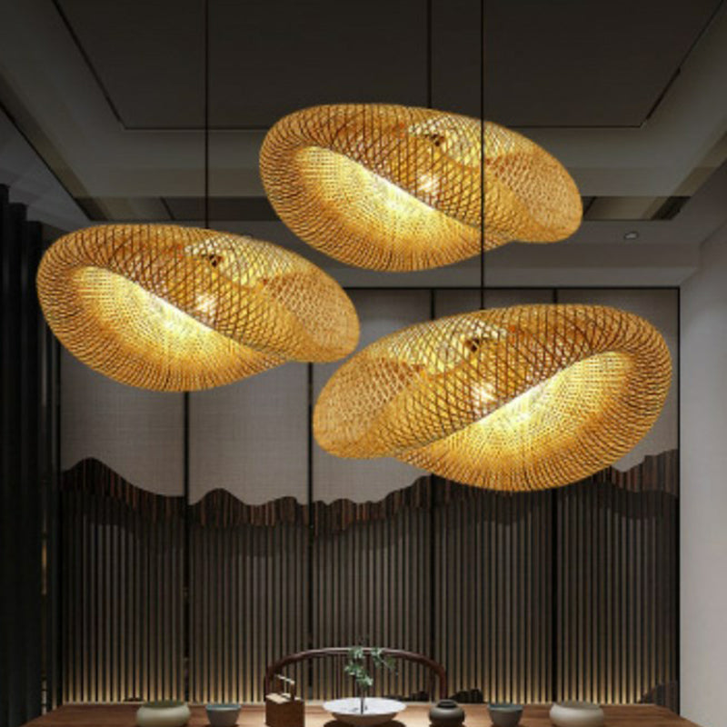 Asian Bamboo Pendant Light Fixture: Creative 1-Light Beige Suspension For Tea Room