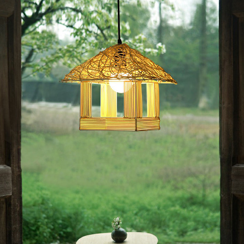 Asian Bamboo 1-Light House Shaped Pendant Light For Restaurants - Beige