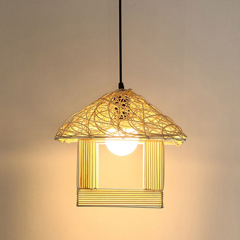 Asian Bamboo 1-Light House Shaped Pendant Light For Restaurants - Beige