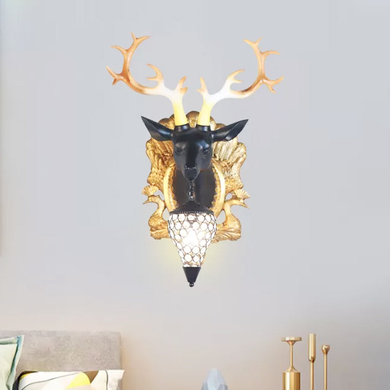 Deer Head Sconce Lamp: Elegant 1 Light Resin Wall Lighting In Black/White With Crystal Droplet Shade