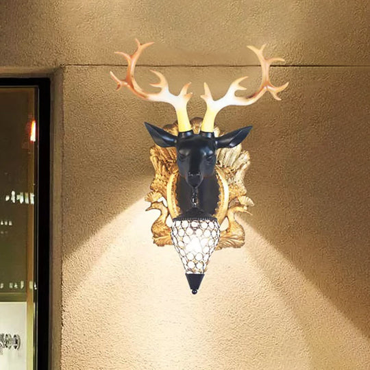 Deer Head Sconce Lamp: Elegant 1 Light Resin Wall Lighting In Black/White With Crystal Droplet Shade