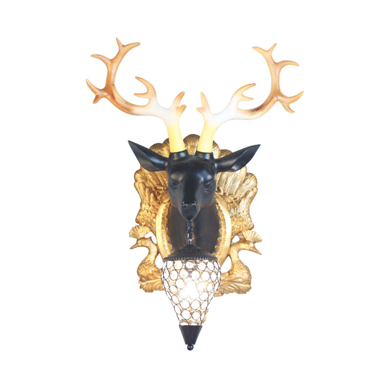 Deer Head Sconce Lamp: Elegant 1 Light Resin Wall Lighting In Black/White With Crystal Droplet Shade