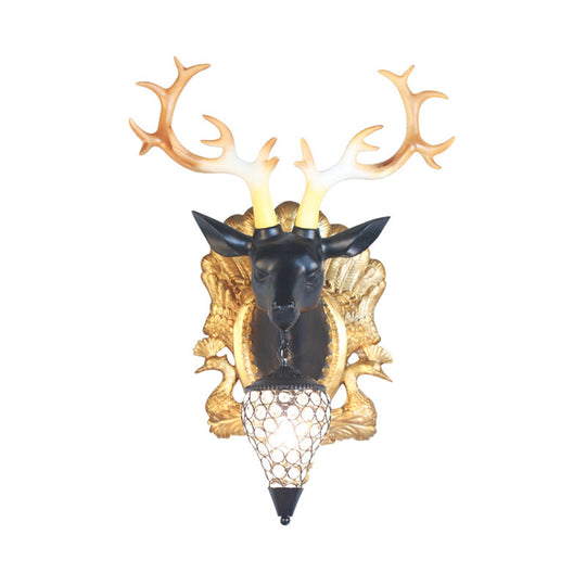 Deer Head Sconce Lamp: Elegant 1 Light Resin Wall Lighting In Black/White With Crystal Droplet Shade