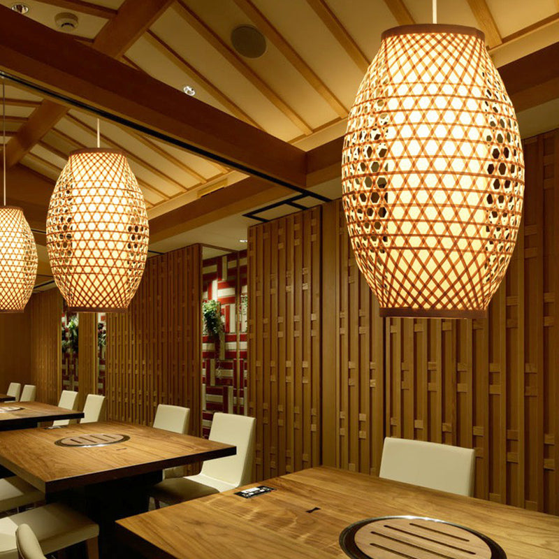 Bamboo Asian Hanging Lamp: Oval Restaurant Suspension Light In Beige