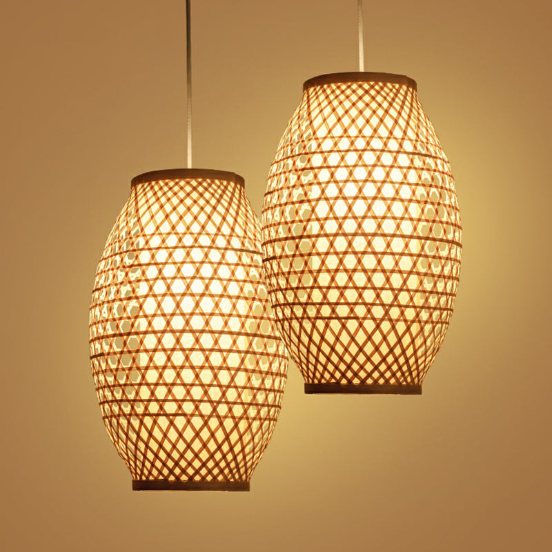 Bamboo Asian Hanging Lamp: Oval Restaurant Suspension Light In Beige