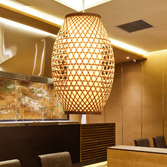 Bamboo Asian Hanging Lamp: Oval Restaurant Suspension Light In Beige