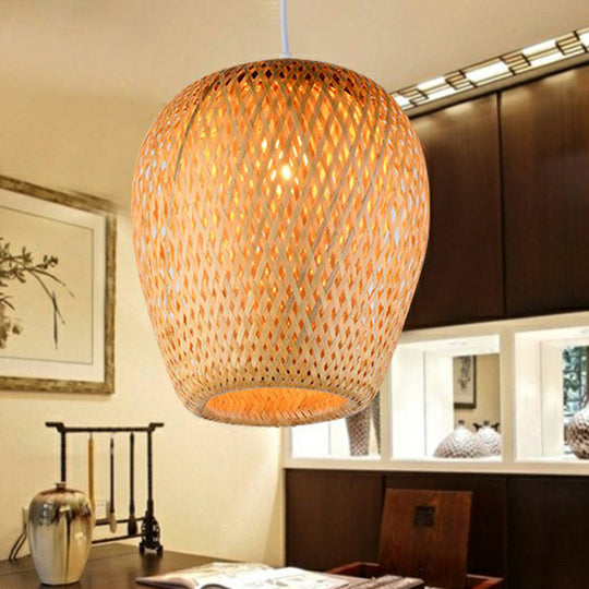 Asian-Inspired Bamboo Pendant Lamp For Study Room - Sky Lantern Shape Single-Bulb Hanging Light