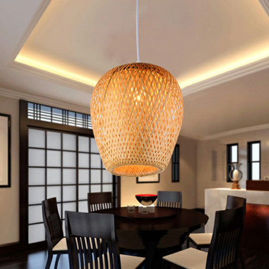 Asian-Inspired Bamboo Pendant Lamp For Study Room - Sky Lantern Shape Single-Bulb Hanging Light