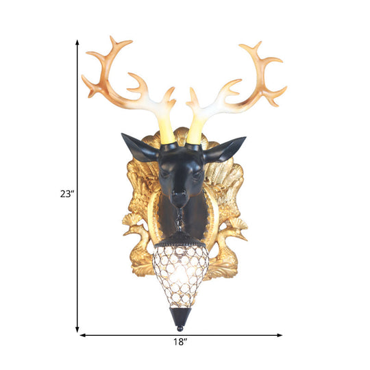 Deer Head Sconce Lamp: Elegant 1 Light Resin Wall Lighting In Black/White With Crystal Droplet Shade