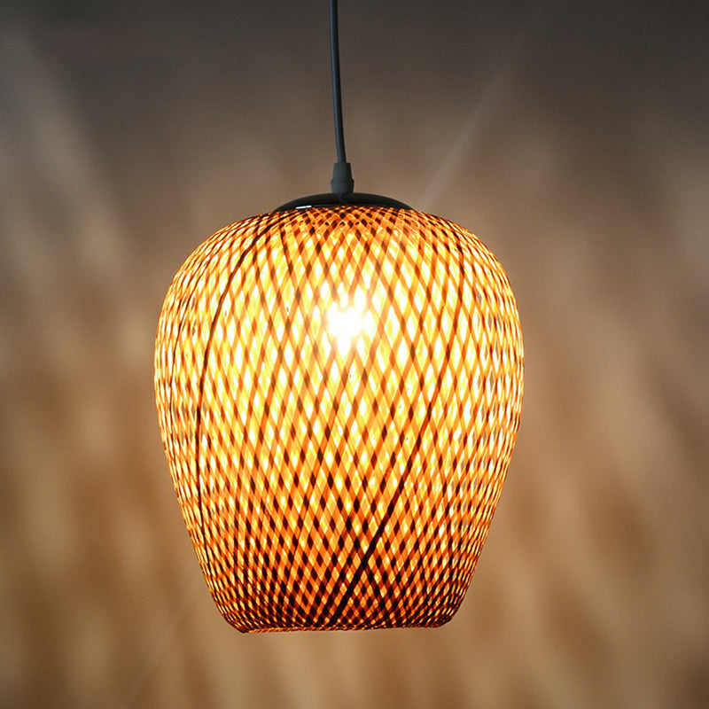 Asian-Inspired Bamboo Pendant Lamp For Study Room - Sky Lantern Shape Single-Bulb Hanging Light