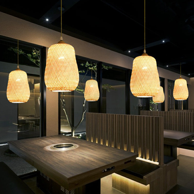 Asia 1-Light Beige Bamboo Pendant Light Fixture For Restaurants